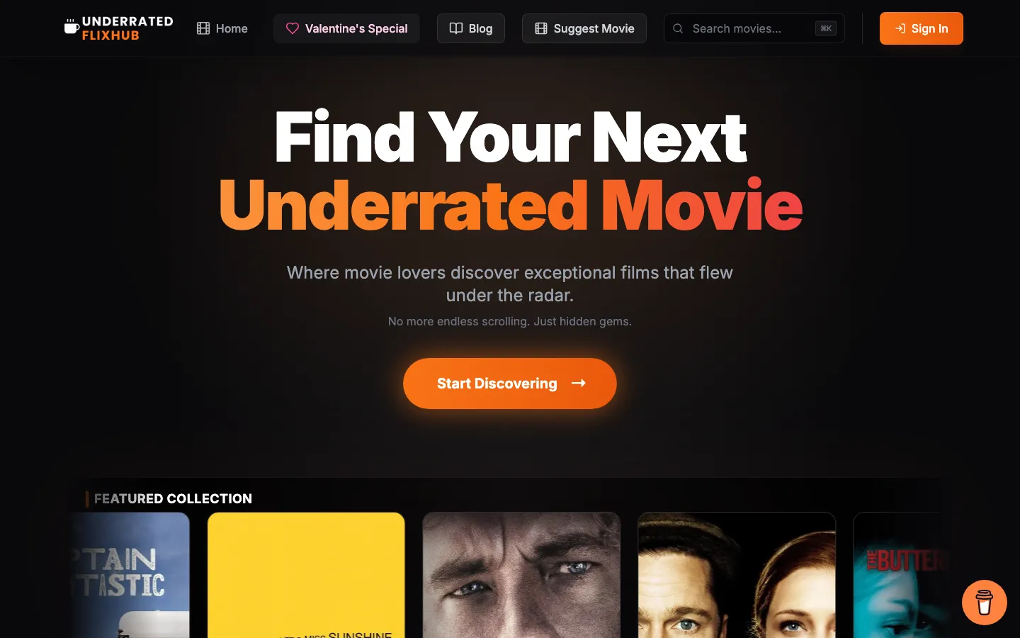 Underrated Flix landing page with a row of featured hidden-gem posters